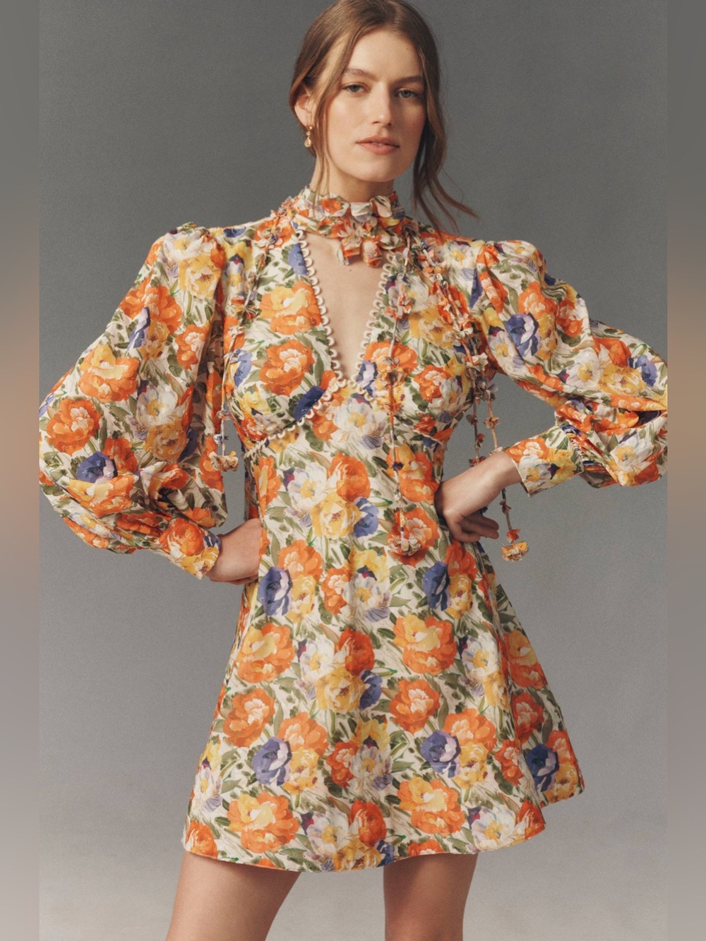 NWT BHLDN Sadie Puff-Sleeve Mini Dress 8 Orange Floral Wedding Guest Bridal